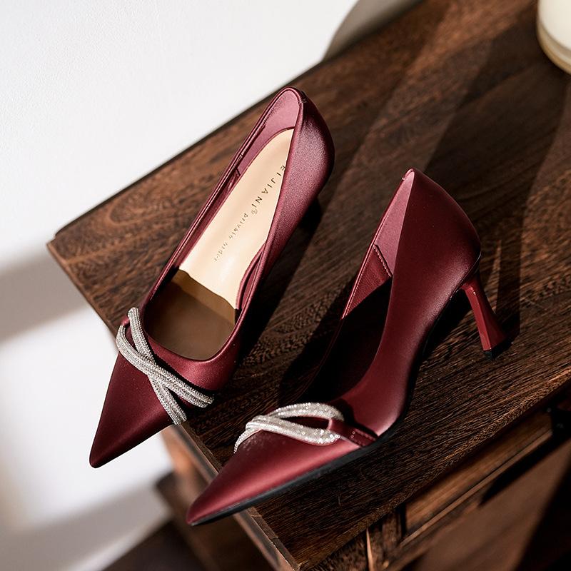 Sheepskin rhinestone strap Xiuhe high heels women's pointed toe stiletto bridesmaid wedding dress bride wedding shoes single shoes