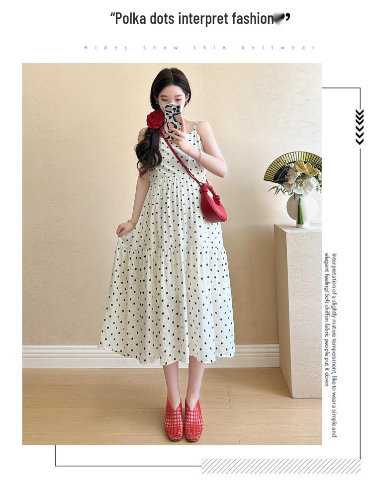 Korean Style Maternity Two-Piece Set: Lace Patchwork Denim Vest with Polka Dot Camisole Dress