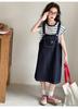 Girls' Cowboy Strap Skirt Set 2026 Summer Korean Edition Striped Short Sleeve Two Piece Set Girls' Casual Dress