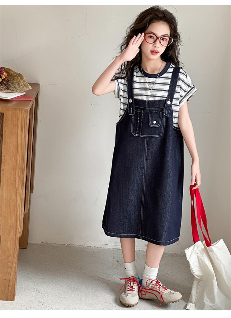 Girls' Cowboy Strap Skirt Set 2026 Summer Korean Edition Striped Short Sleeve Two Piece Set Girls' Casual Dress