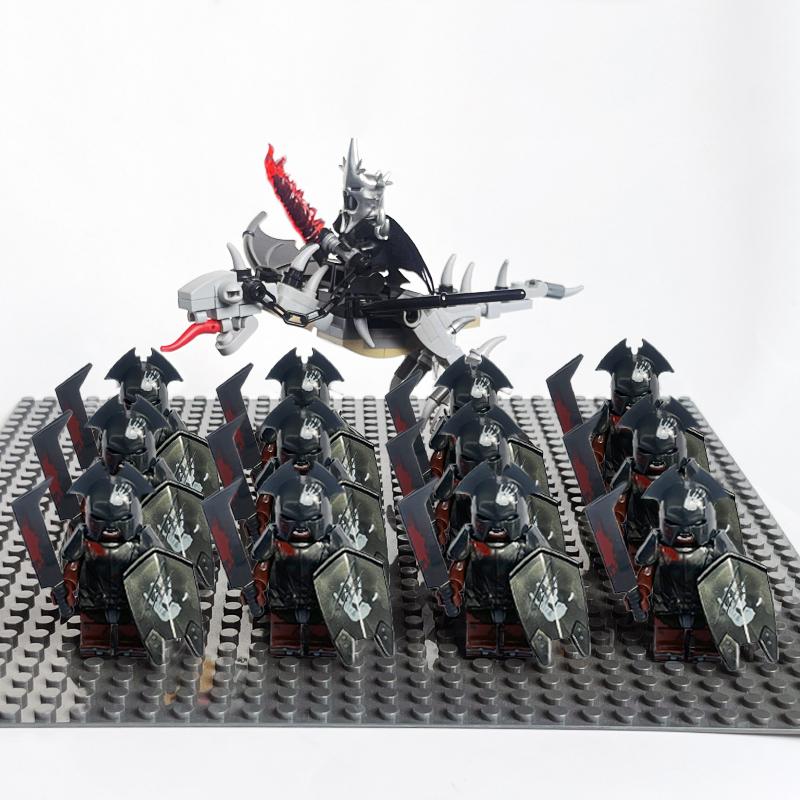 14pcs MOC Medieval Dwarf Warrior Elves Knights LotR Uruk-hai Orc Rohan Soldier with Witch King Leader Figure Building Block Toys