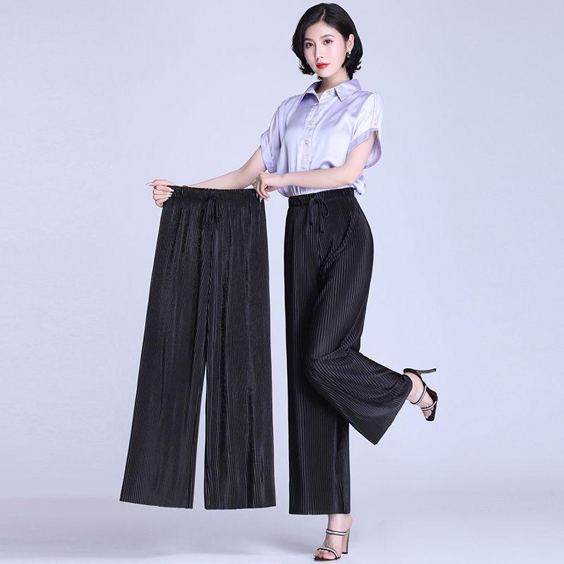 Sommer Plissee Eisseidenhose für Damen Einfarbig Elastischer Bund Locker Weites Bein Hose Damen Casual All-Match Chiffonhose