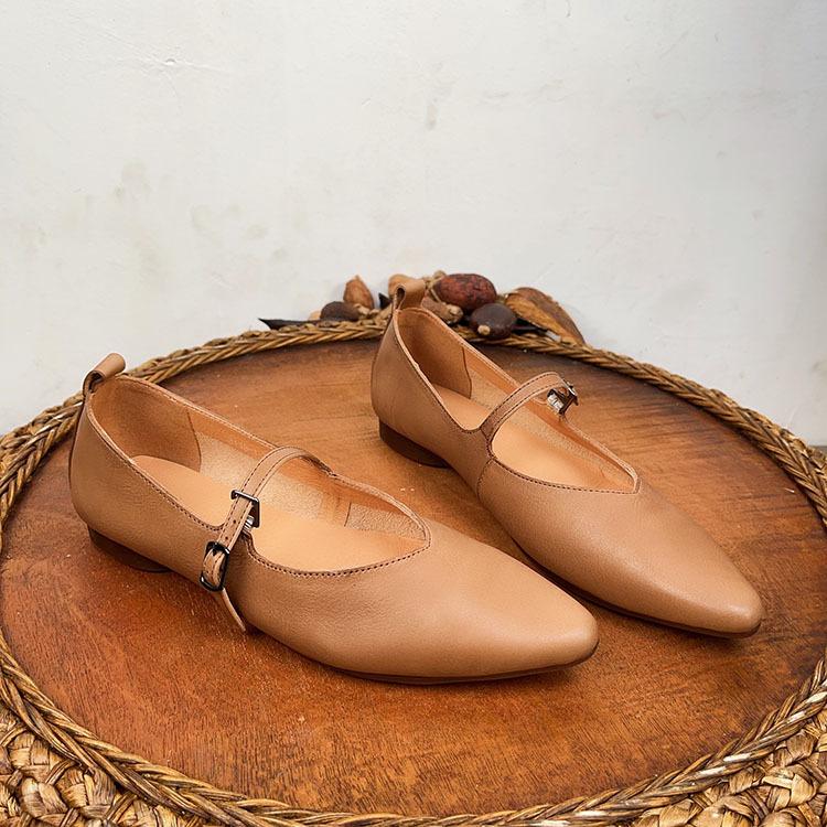 Johnature Vår Høst Retro Spenne Stropp Grunn Myk Uformell spiss Loafers Kvinner Ekte Skinn Flats Sko