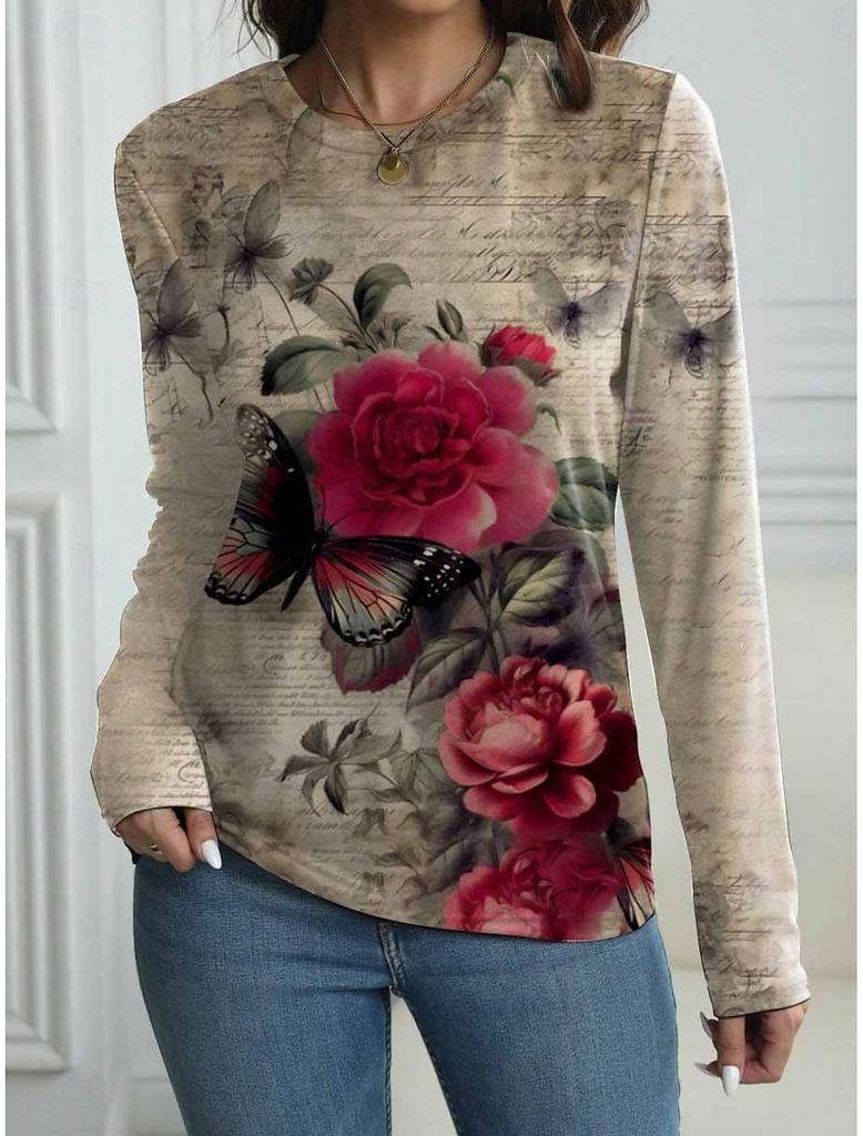 Fashion 3D Print beautiful flower Crew Neck Long Sleeve T-Shirt Womens Clothing Casual Clothes Harajuku Female Clothing Pullover