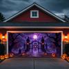 2D door banner, ghost Halloween garage door, strange purple glow carved pumpkin lantern, castle path, Halloween decoration