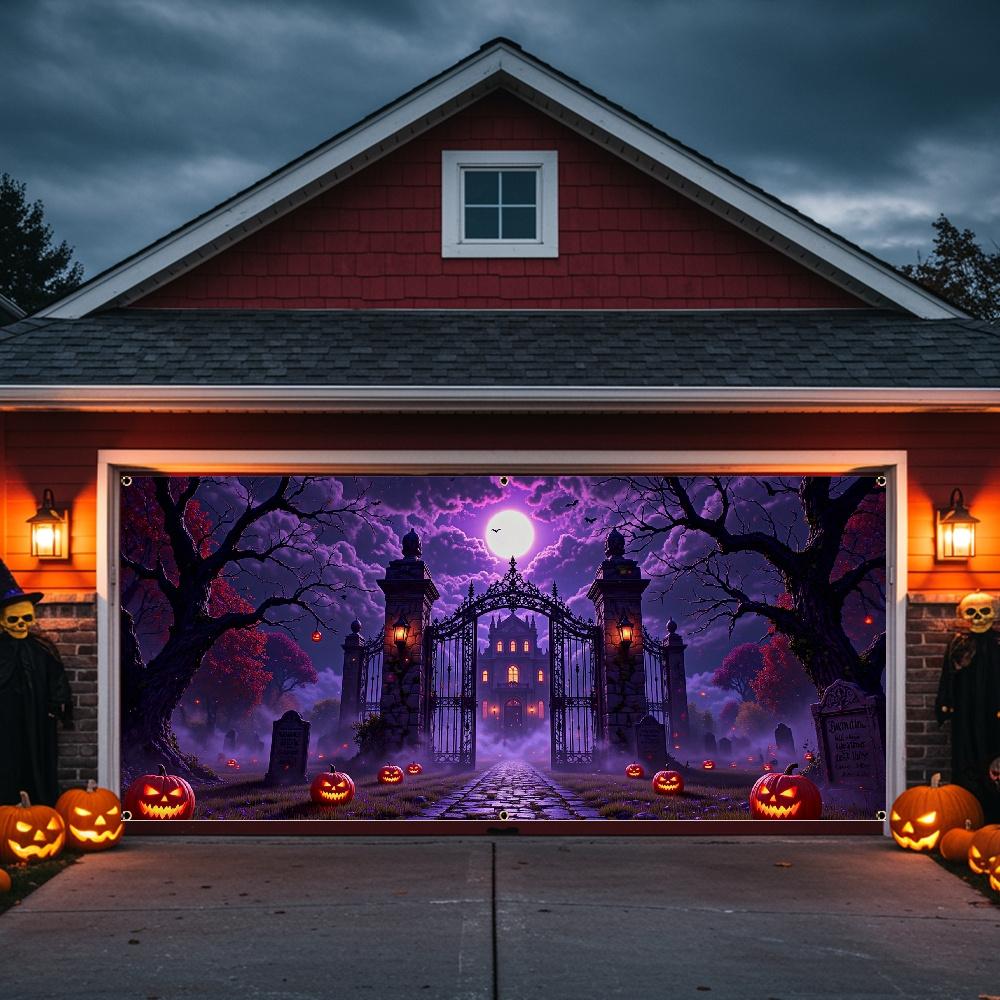 2D door banner, ghost Halloween garage door, strange purple glow carved pumpkin lantern, castle path, Halloween decoration