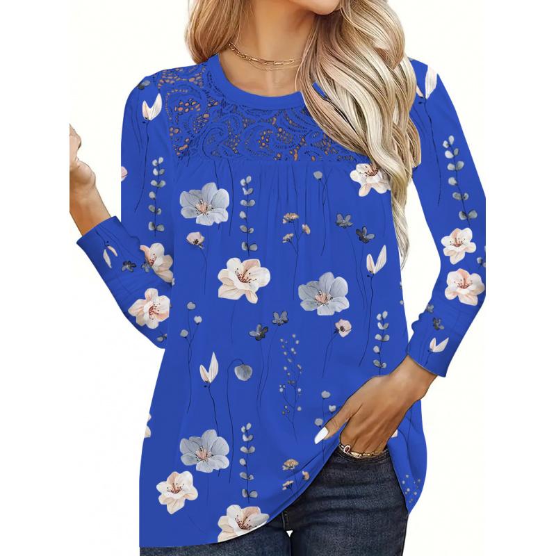 New Women's fashion Tops Neck Lace Printed Long Sleeve Flower Color T-shirt