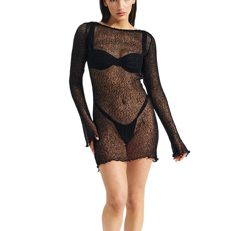 

Женское вязаное крючком платье с длинными рукавами и открытой спиной, длинное платье с рюшами, пляжное вечернее платье L чёрный