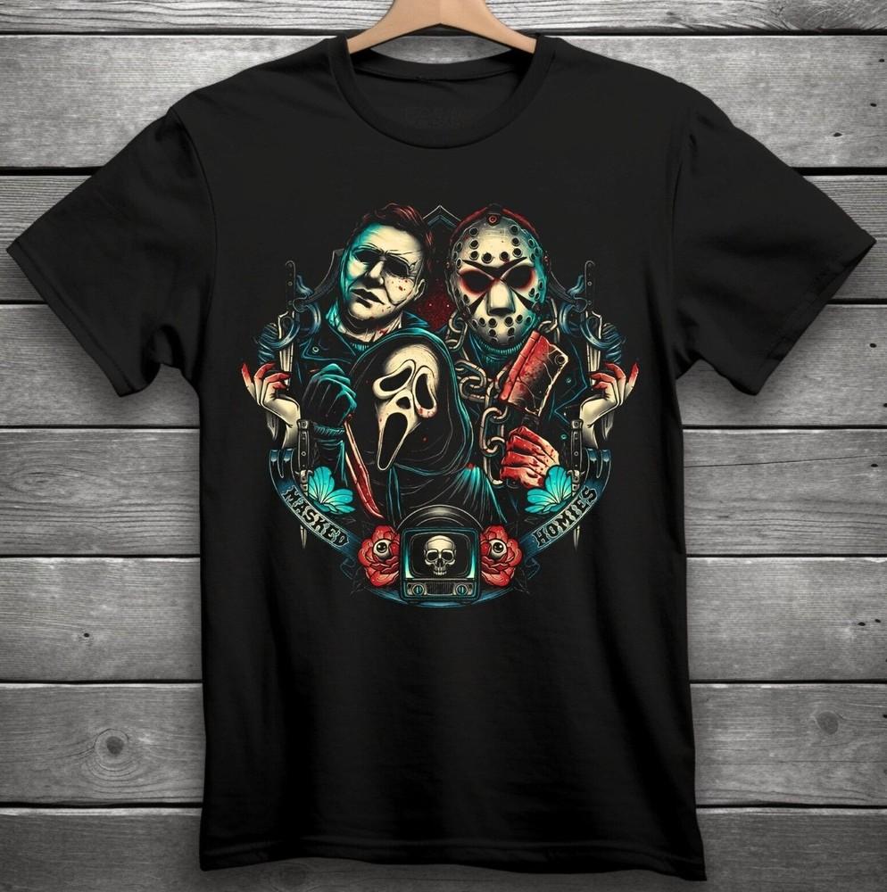 

Черная футболка с принтом Masked Homies Horror S3XL Джейсон Вурхиз Призрачное лицо Майкл Майерс Унисекс L