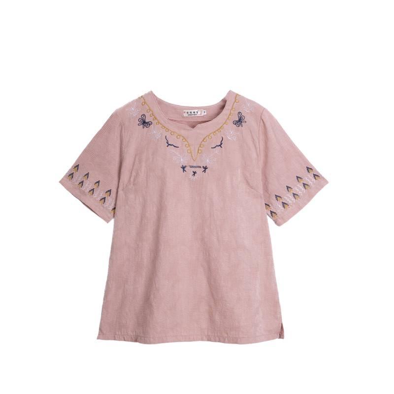 2026 Summer Ethnic Style Women's Embroidered Cotton-Linen V-Neck Short Sleeve Loose Plus Size Top