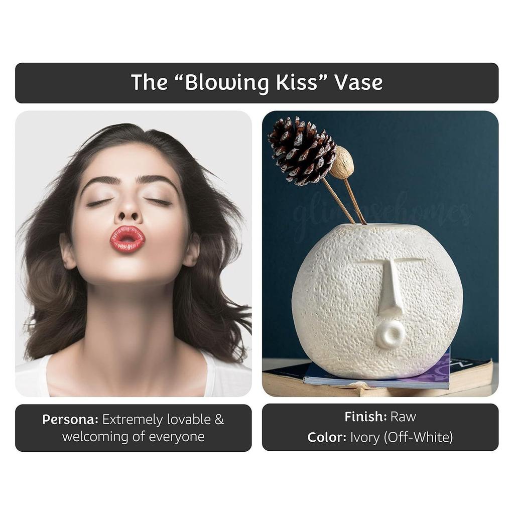 Keramik Blumenvase | 2er Set | Fröhliche Gesichtsvase 14 cm & Kussmund-Gesichtsvase 15 cm (Weiß, Rohfinish)