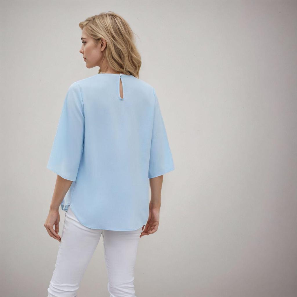 Blouse ample en mousseline de couleur unie à col rond et manches cinq points pour femme, style européen et américain