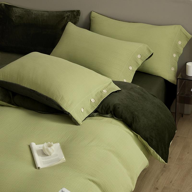 Sleep Grid Full Cotton Bubble Double Layer Yarn with Milk Velvet Four Piece Set