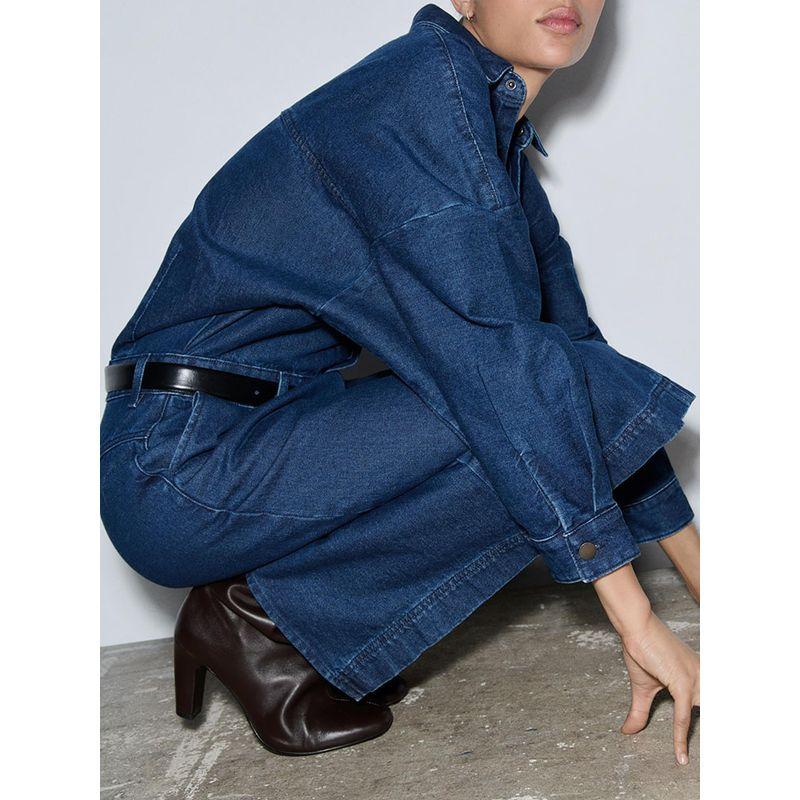 Za2025 Spring New Women's Clothing Temperament Leisure Loose Denim Long Sleeves Lapel Midi Skirt Dress 4441250
