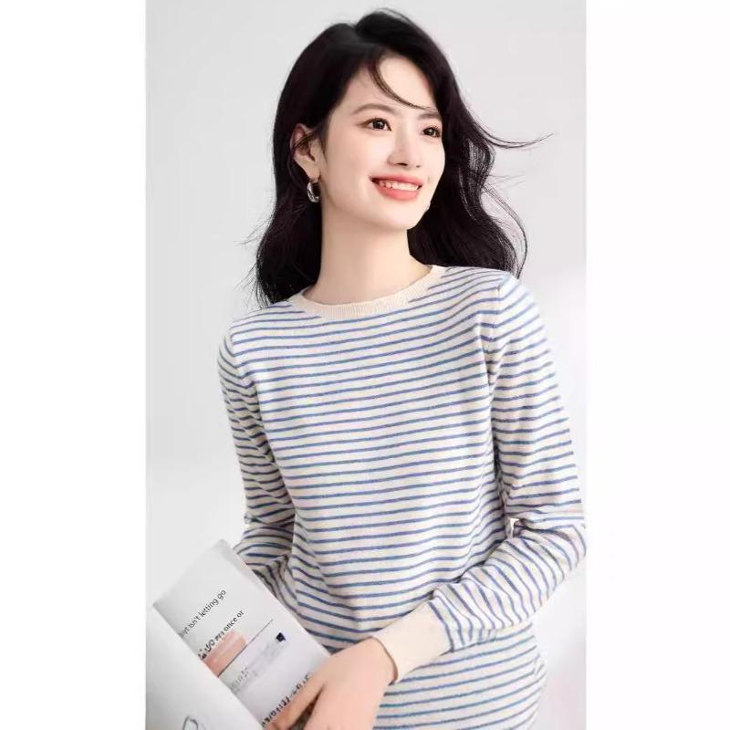Crew neck striped knitted sweater women's thin design sense and thin temperament loose long sleeve pullover bottoming shirt