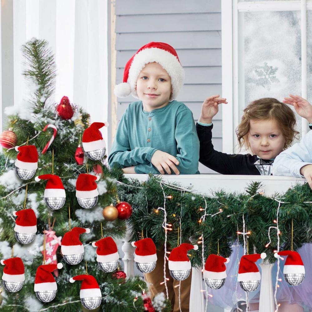 12pcs Christmas Decoration Balls Red Christmas Hat Mirror Disco Ball Pendant Xmas Tree Hanging Ornaments Home Party Decoration Gift