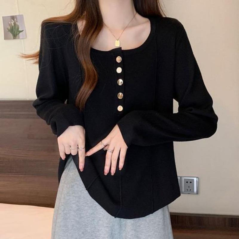 

Women s Autumn and Winter Buttoned Right Shoulder Herringbone Design Long Sleeve T-Shirt Women s Wide Belly Top 5XL чорний
