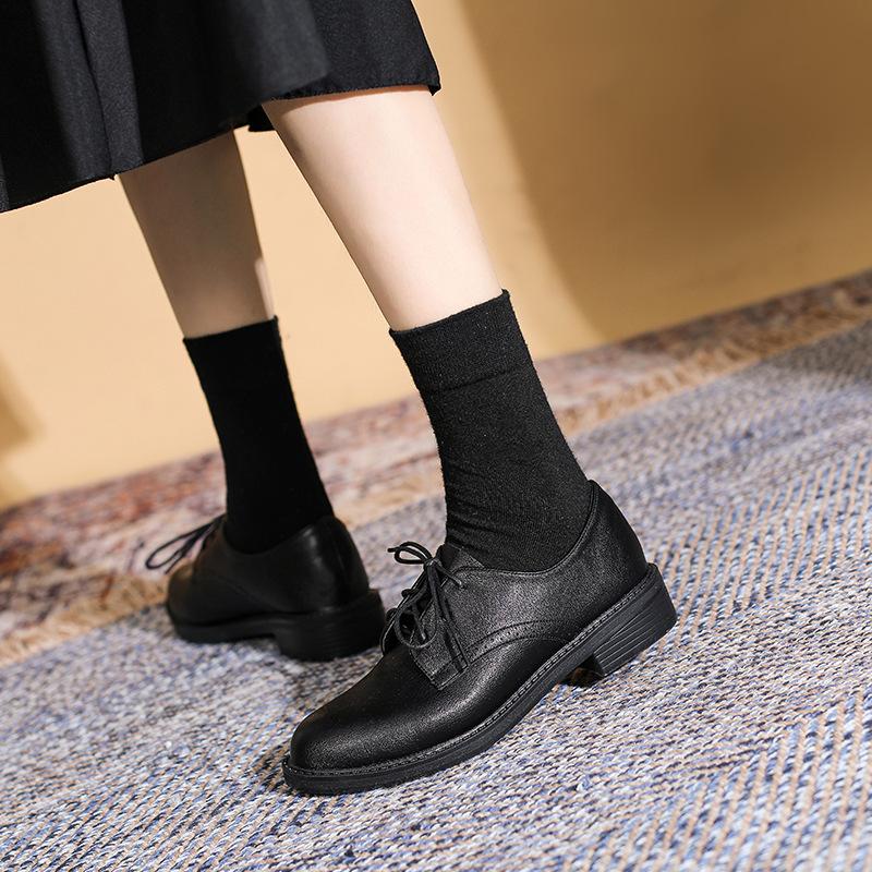 Yuexinwang genuine leather flat for Huizhou women's shoes Su Yinyin same shoes front lace-up black retro versatile small leather shoes