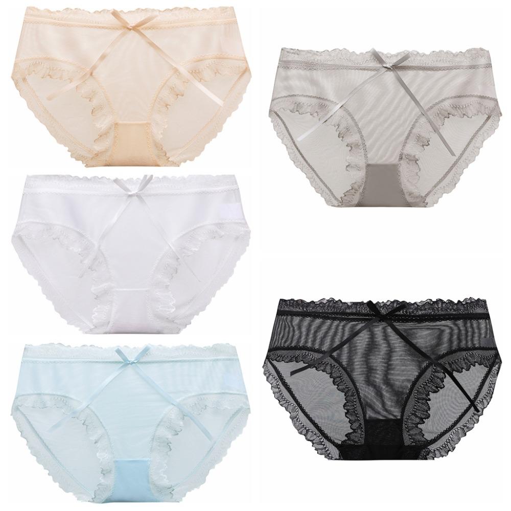 

5Pcs Cotton Crotch Underwear for Women Mid Waist Sweet Mesh Panties Lace Bowknot Briefs Summer L-5Pcs
