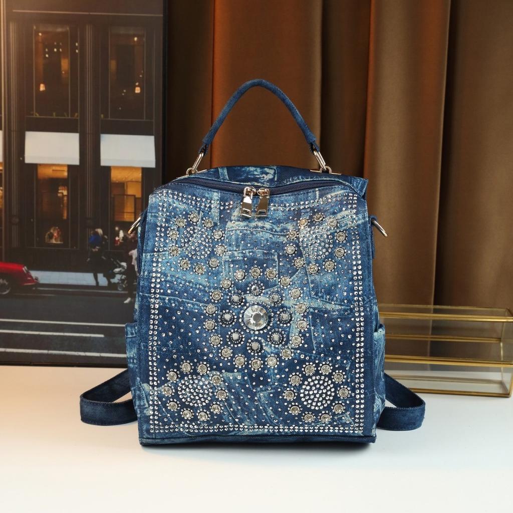 Bags, Fashionable Women'S Diamond-Encrusted Trendy Denim Shoulder Messenger Bag Casual Commuter Handbag Women