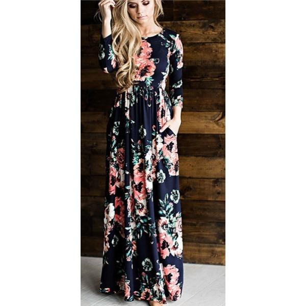 IHUASU Sommerliches Blumenkleid mit Rundhalsausschnitt und langen Ärmeln