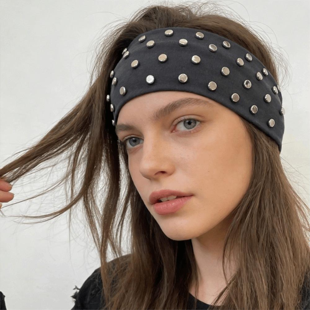 Wide Punk Headwrap Korean Style Elastic Hair Band Fashion Rivet Headbands  Headwear