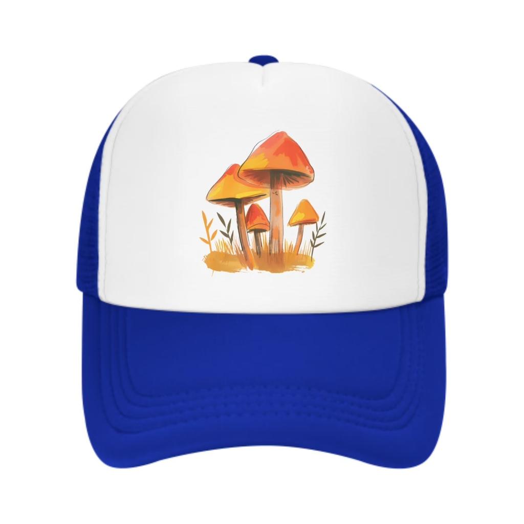 Orange Mushroom Print Trucker Hat Unisex Polyester Mesh Baseball Cap Adjustable Summer Cap