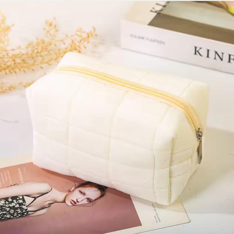 Cute Soft Plush Small Cosmetic Bag Portable Travel Pouch Solid Color Zipper Toiletry Storage Organizer for Women Makeup