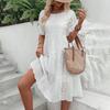 Womens Hollow Out O-Neck Short Sleeve A-Line Pleated Patchwork Solid Swing Midi Dress Beach Vacation Embroidered