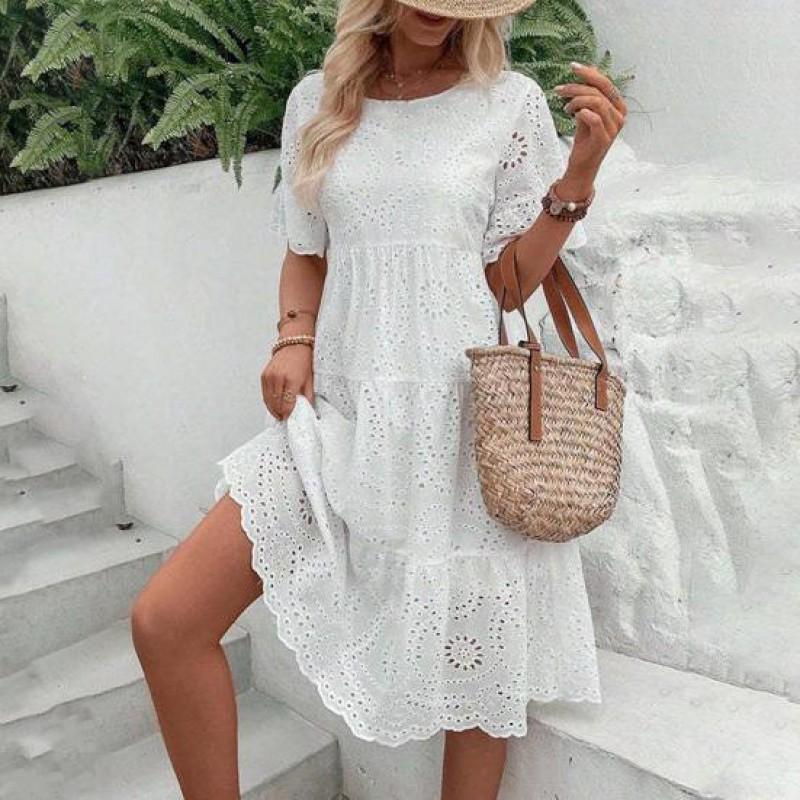 Womens Hollow Out O-Neck Short Sleeve A-Line Pleated Patchwork Solid Swing Midi Dress Beach Vacation Embroidered