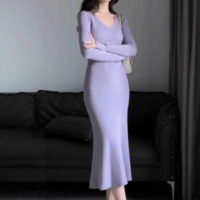 [] Purple V-neck Knitted Dress Autumn and Winter Waist Fishtail Long Dress Slim-fitting Hip-wrapped Sweater Skirt
