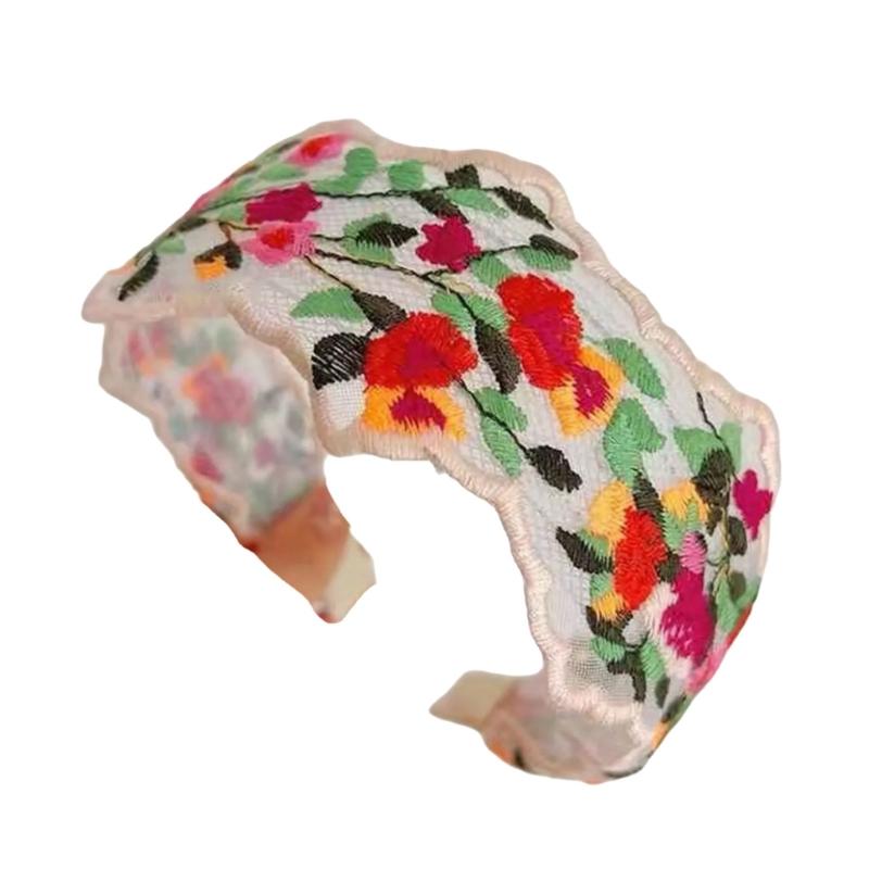 Hand-Made Cotton Linen Hairband Intricate Embroidery Blossom Design Adjustable Wide Band Unisex Hair Accessory