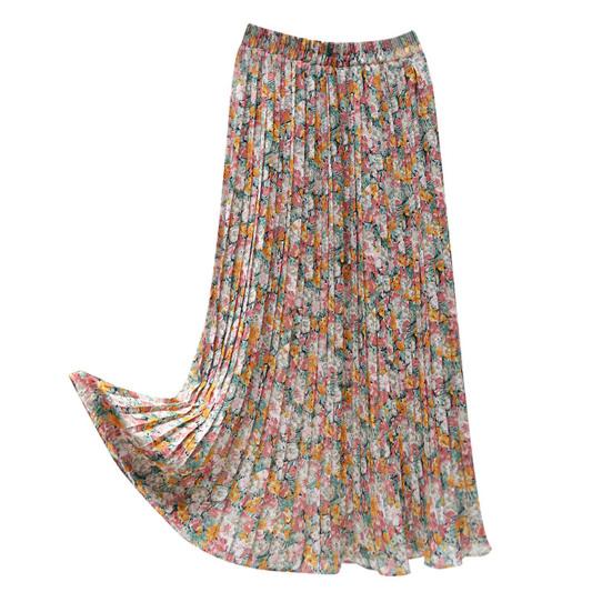 Blommig kjol Resår i midjan Utsökt mönster Extra mjuk Färgäkta Lös passform Uppklädd Polyester Sommar Blomtryckt Klänning Kvinnor Plisserad kjol