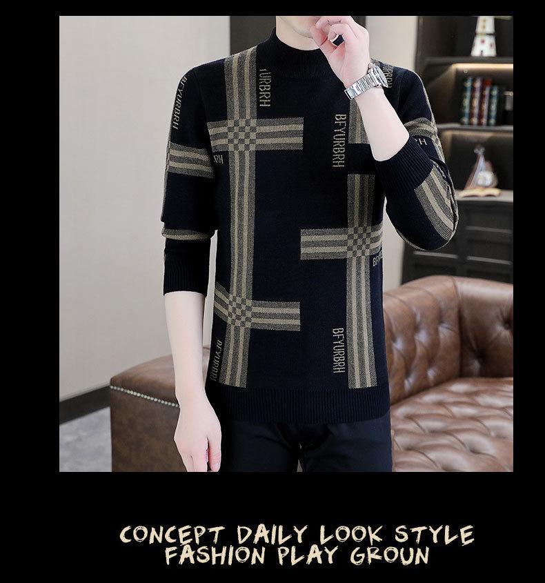 Men's Trendy Jacquard Half-High Neck Sweater: Autumn Winter Casual Knit Pullover