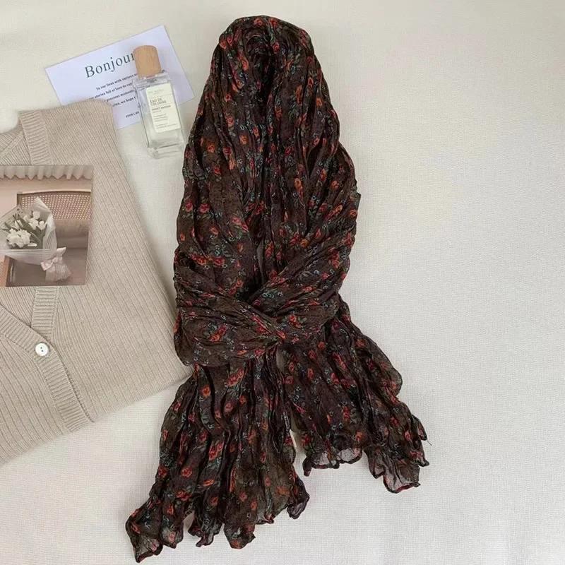 Vreovor Antique Scarf New Autumn And Winter Live Broadcast  Literary Cotton And Linen Retro Flower Crumpled Men Women