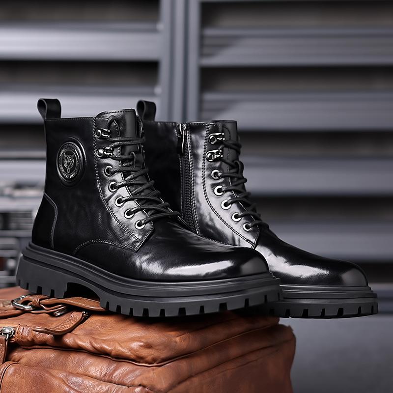2024 Men Winter Shoes Male Warm Plush Fur Snow Boot Men's Motorcycle Boots High Quality Leather Lace Up Ankle Boots For Men