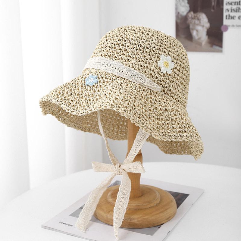 

Summer Hats For Women Sweet Flower With Rope Cute Sun Hat Foldable Outdoor Casual Sunshade Sunscreen Beach Accessories Seaside 56-58cm бежевый
