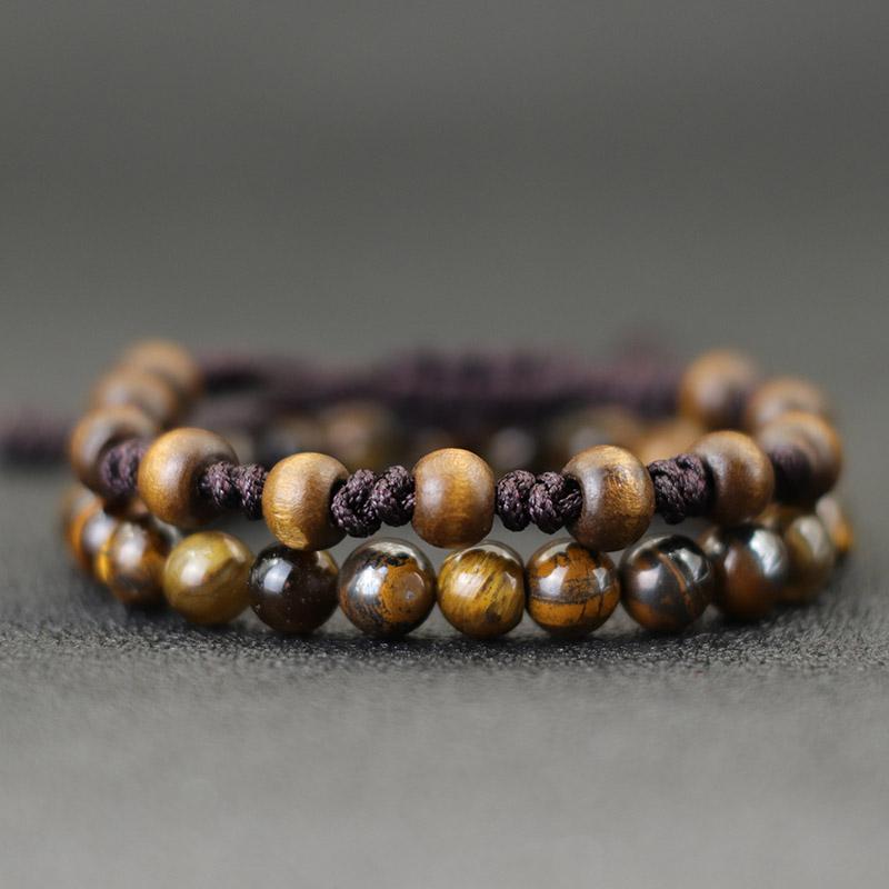 2Pcs/Pair Men Bracelet Set 8mm Onyx Tiger Eyes Stone Braclet Natural Wooden Braslet Homme Weaven Rope Brazalete Pulseira Hombre