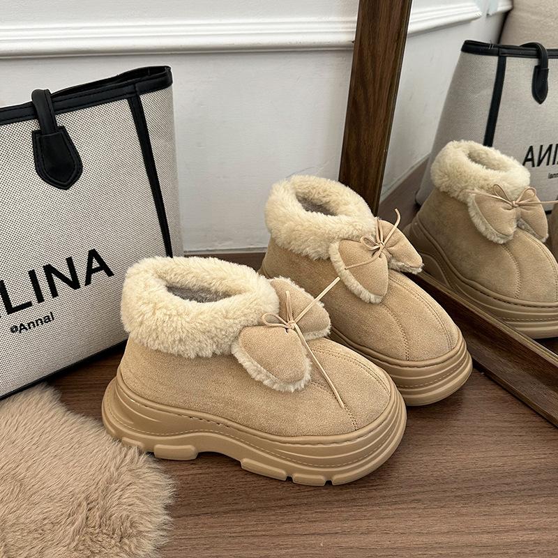 Women's Lightweight Chunky-Soled Winter Insulated Snow Boots with Bow Detail Faux Fur Lining, Slip-Resistant, Durable, Casual Athletic Cotton Boots