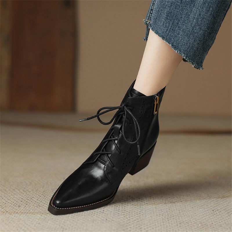 Fashion 2025 Autumn Split Leather Women Boots Pointed Toe Chunky Heel Boots for Women Fashion Ankle Boots Winter Boots Zapatos De Mujer