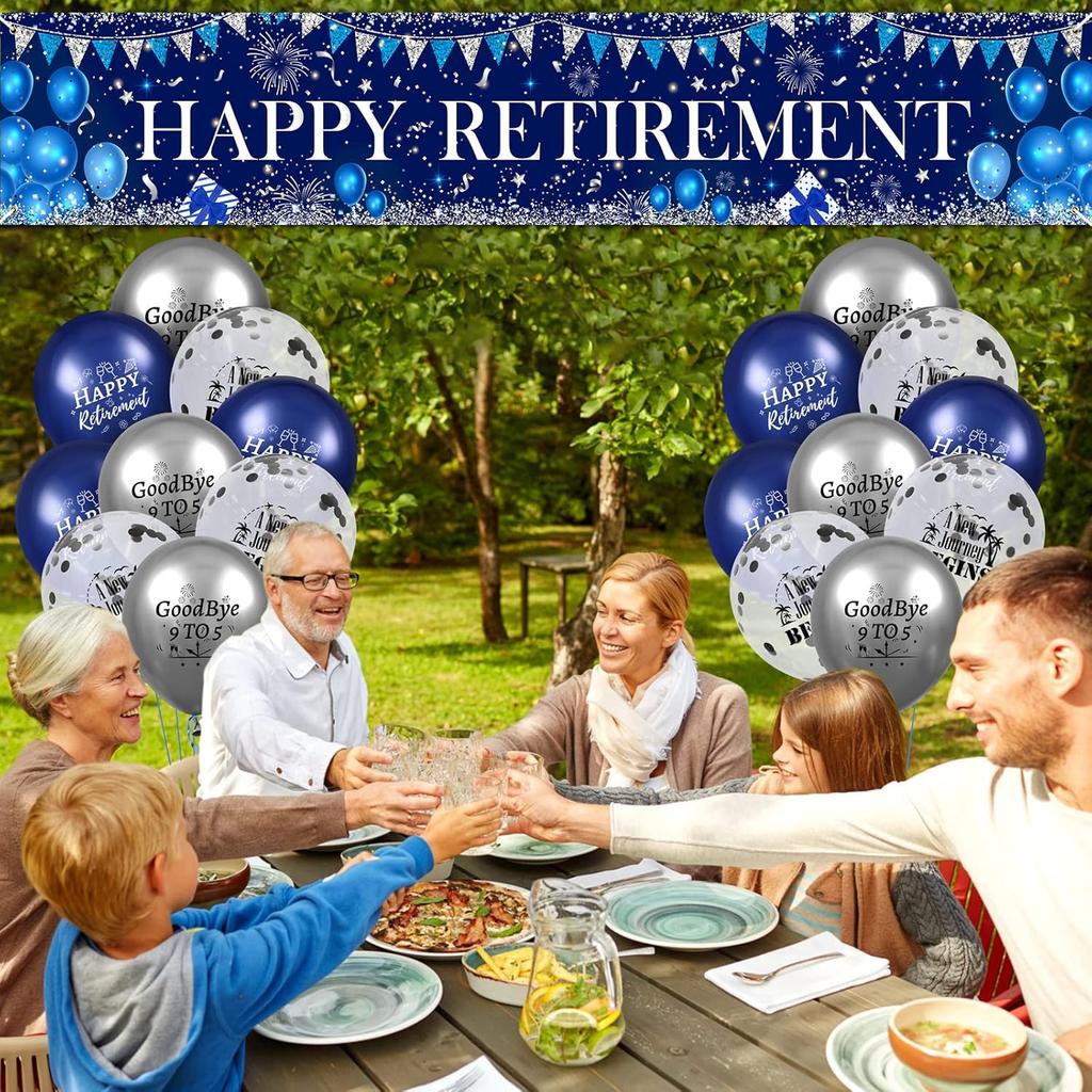 Happy Retirement Decorations Large Navy Blue Silver Happy Retirement Banner Yard Sign with 18 Pcs Retirement Balloons for Men Women Retirement Party
