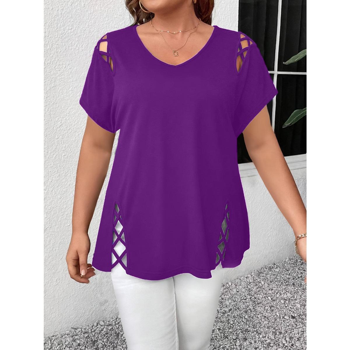 

Однотонна футболка з коротким рукавом, з деталями у вигляді перехресних бретелей, модна, елегантна, великого розміру, жіночий топ 2XL фіолетовий
