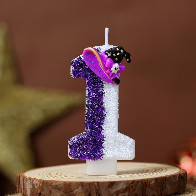 Halloween Birthday Candles Autumn Halloween Theme Party Decoration Purple Glitter Birthday Number Candle Witch Hat Design