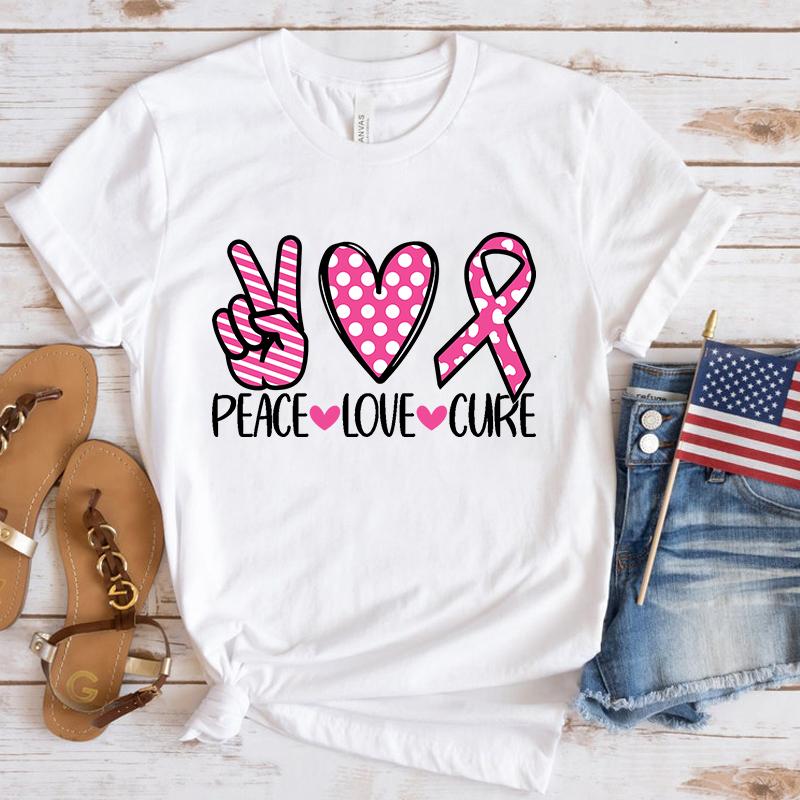 Neues Lustiges Brustkrebs-Bewusstseins-Frieden-Liebe-Heilung T-Shirt Unisex Kurzarm O-Ausschnitt Sommer Lässig Buchstabenaufdruck T-Shirt Oberteil