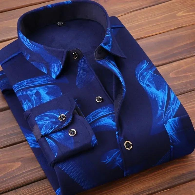 Herren-Hemden, warm, langärmelig, kariert, mit Flanellfell gefüttert, dick, formelle Hemden, Fleece-Freizeithemd für Herren, Hemden L blue