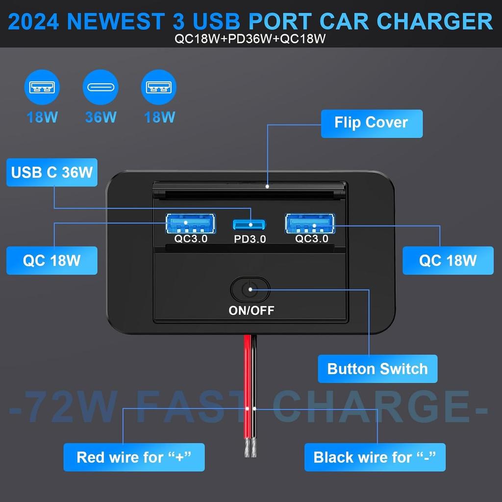 2PCS 3 Ports 12V RV USB Outlet 72W, Gibbab Dual USB QC3.0 36W & PD3.0 Type-C Quick Charge 36W Panel Wall Mount, Automotive Car Socket Charger Adapter