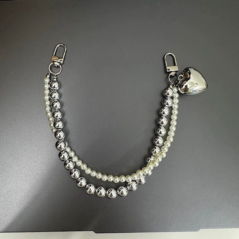 

Korean INS Pearl Silver Bead Double Chain Heart Pendant Phone Chain Car Keychain Pendant Anti-drop Phone Chain Pearl Silver Bead Heart P