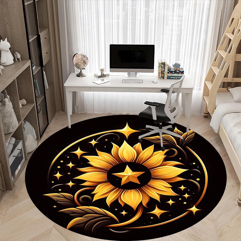1pc Golden Sunflower Office Round Area Rug, Mat Suitable For Office, Under Office Chairs Bedroom Living Room Home Decor, Room Deco