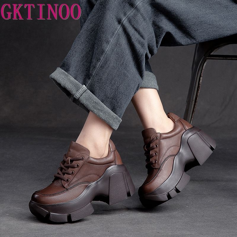 GKTINOO 2025 Women Shoes Handmade Retro 100% Genuine Leather Thick High Heel Chunky Platform Casual Height Increasing Shoes