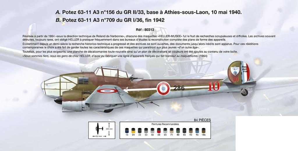 Platz Heller Museum WWII French Army Potet A3 Reconnaissance Aircraft Plastic Model HE80313 1/72 63-11 No. 156/709
